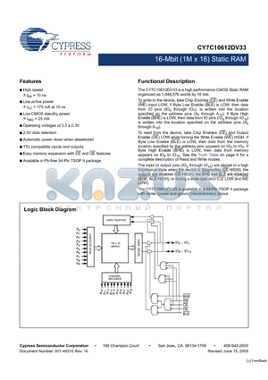 CY7C10612DV33 datasheet - 16-Mbit (1M x 16) Static RAM