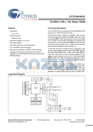 CY7C1061AV33-10ZXC datasheet - 16-Mbit (1M x 16) Static RAM