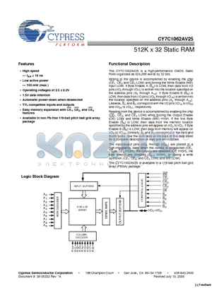 CY7C1062AV25-10BGC datasheet - 512K x 32 Static RAM