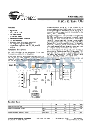 CY7C1062AV33 datasheet - The CY7C1062AV33 is a high-performance CMOS Static RAM organized as 524,288 words by 32 bits.