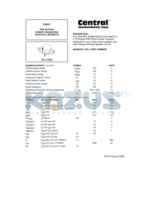 2N6031 datasheet - PNP SILICON POWER TRANSISTOR 140 VOLTS, 200 WATTS
