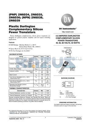 2N6035G datasheet - Plastic Darlington Complementary Silicon Power Transistors