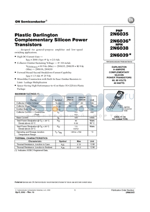 2N6036 datasheet - Plastic Darlington Complementary Silicon Power Transistors
