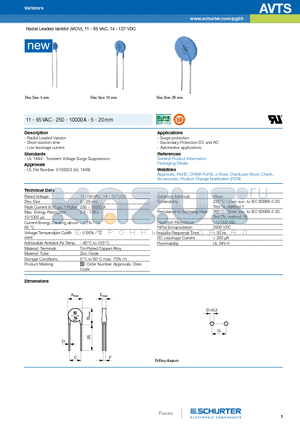 AVTS datasheet - Radial Leaded Varistor (MOV), 11 - 95 VAC, 14 - 127 VDC