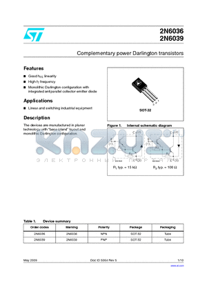 2N6036 datasheet - Complementary power Darlington transistors