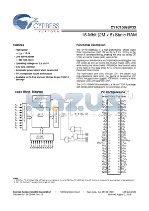 CY7C1069BV33-10ZXI datasheet - 16-Mbit (2M x 8) Static RAM