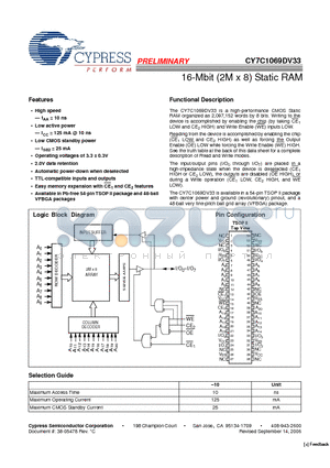 CY7C1069DV33-10BVXI datasheet - 16-Mbit (2M x 8) Static RAM