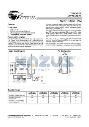 CY7C107B-15VC datasheet - 1M x 1 Static RAM