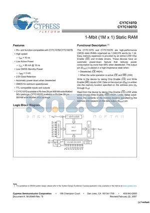 CY7C107D datasheet - 1-Mbit (1M x 1) Static RAM