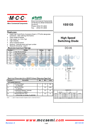 1SS133 datasheet - High Speed Switching Diode