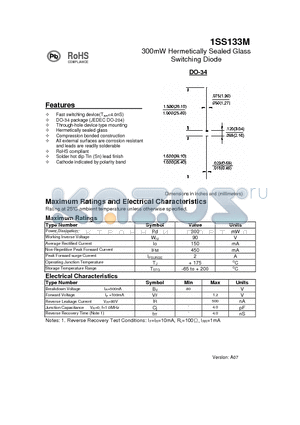 1SS133M datasheet - 300mW Hermetically Sealed Glass Switching Diode