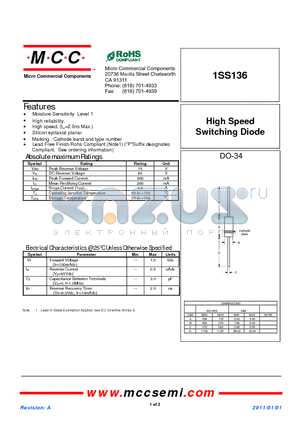 1SS136 datasheet - High Speed Switching Diode