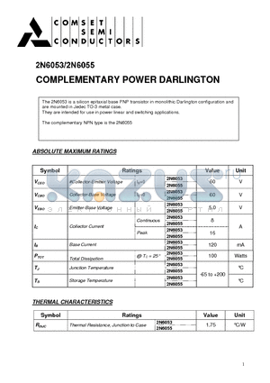 2N6053 datasheet - COMPLEMENTARY POWER DARLINGTON