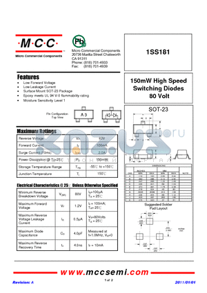 1SS181 datasheet - 150mW High Speed Switching Diodes 80 Volt