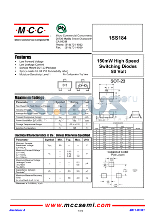 1SS184 datasheet - 150mW High Speed Switching Diodes 80 Volt