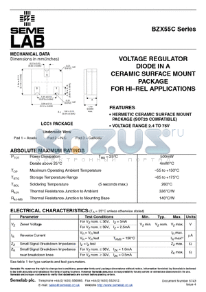 BZX55C30 datasheet - VOLTAGE REGULATOR DIODE IN A CERAMIC SURFACE MOUNT PACKAGE FOR HIREL APPLICATIONS