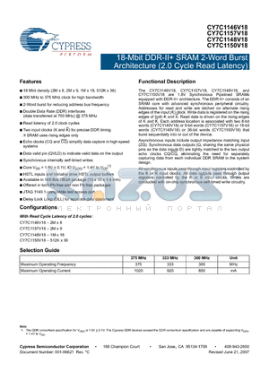 CY7C1146V18-375BZI datasheet - 18-Mbit DDR-II SRAM 2-Word Burst Architecture (2.0 Cycle Read Latency)