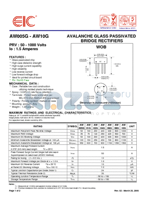 AW01G datasheet - AVALANCHE GLASS PASSIVATED BRIDGE RECTIFIERS