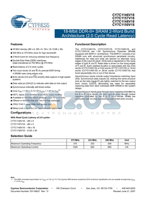 CY7C1150V18-375BZC datasheet - 18-Mbit DDR-II SRAM 2-Word Burst Architecture (2.0 Cycle Read Latency)