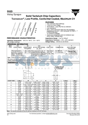 592D106X-010A2-15H datasheet - Solid Tantalum Chip Capacitors TANTAMOUNT, Low Profile, Conformal Coated, Maximum CV
