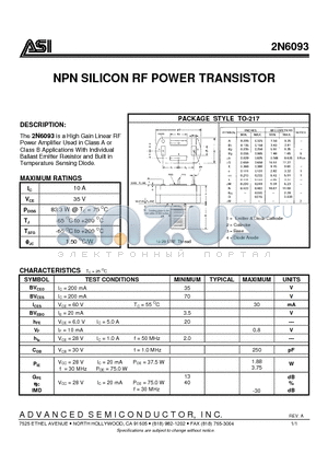 2N6093 datasheet - NPN SILICON RF POWER TRANSISTOR