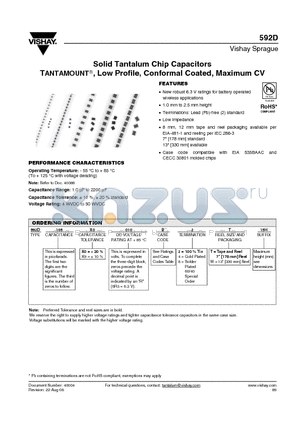 592D106X_010A2_15H datasheet - Solid Tantalum Chip Capacitors TANTAMOUNT^, Low Profile, Conformal Coated, Maximum CV