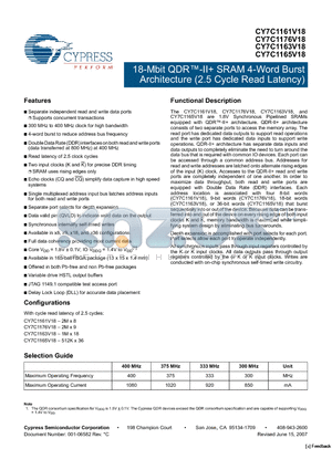 CY7C1163V18-333BZXC datasheet - 18-Mbit QDR-II SRAM 4-Word Burst Architecture (2.5 Cycle Read Latency)