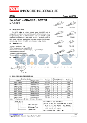 2N60G-T60-K datasheet - 2A, 600V N-CHANNEL POWER MOSFET