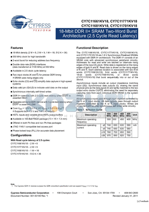 CY7C11681KV18-450BZXC datasheet - 18-Mbit DDR II SRAM Two-Word Burst Architecture (2.5 Cycle Read Latency)