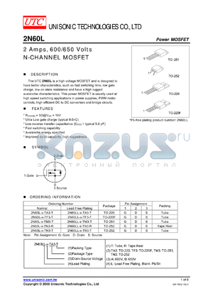 2N60L-A-TA3-T datasheet - 2 Amps,􀀁600/650 Volts N-CHANNEL MOSFET