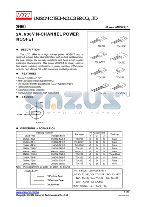 2N60L-TF1-T datasheet - 2A, 600V N-CHANNEL POWER MOSFET