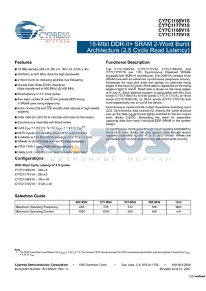 CY7C1170V18-300BZXI datasheet - 18-Mbit DDR-II SRAM 2-Word Burst Architecture (2.5 Cycle Read Latency)