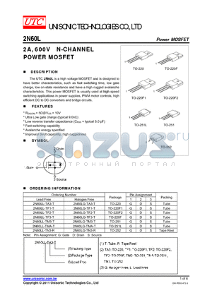 2N60LG-TA3-T datasheet - 2A, 600V N-CHANNEL POWER MOSFET