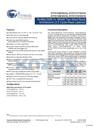 CY7C11681KV18-450BZC datasheet - 18-Mbit DDR II SRAM Two-Word Burst Architecture (2.5 Cycle Read Latency)