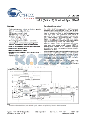 CY7C1212H datasheet - 1-Mbit (64K x 18) Pipelined Sync SRAM