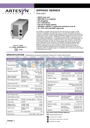 DPF600-9617 datasheet - Dual output 600 Watt AC/DC PFC front-end for distributed power architectures