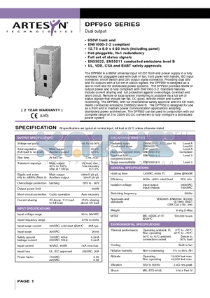 DPF950-9617 datasheet - Dual output 950 Watt AC/DC PFC front-end for distributed power architectures