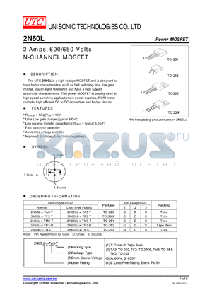 2N60LL-B-TN3-T datasheet - 2 Amps,􀀁600/650 Volts N-CHANNEL MOSFET