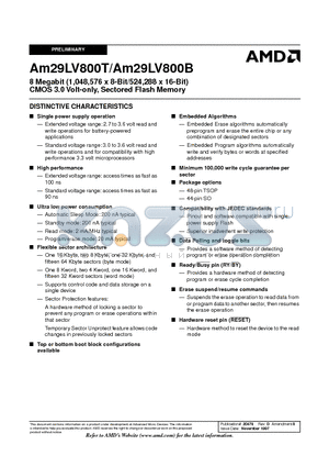 AM29LV800T-150 datasheet - 8 Megabit (1,048,576 x 8-Bit/524,288 x 16-Bit) CMOS 3.0 Volt-only, Sectored Flash Memory