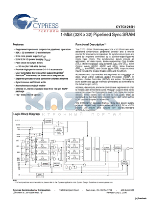 CY7C1215H-100AXI datasheet - 1-Mbit (32K x 32) Pipelined Sync SRAM