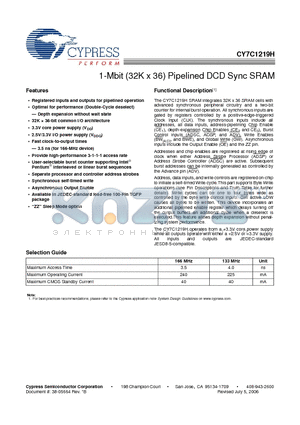 CY7C1219H datasheet - 1-Mbit (32K x 36) Pipelined DCD Sync SRAM