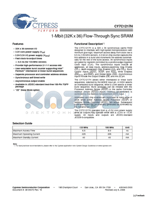 CY7C1217H-133AXI datasheet - 1-Mbit (32K x 36) Flow-Through Sync SRAM