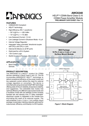 AWC6340 datasheet - HELP CDMA Band Class 0,10 CDMA Power Amplifier Module