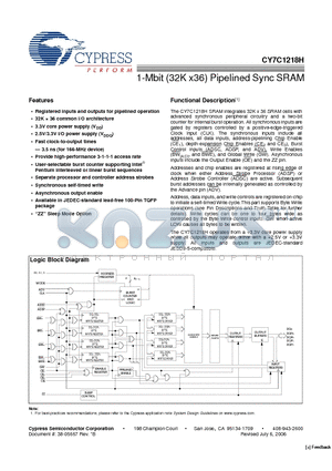 CY7C1218H-100AXI datasheet - 1-Mbit (32K x36) Pipelined Sync SRAM