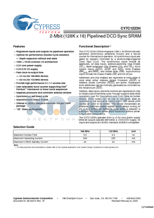 CY7C1223H-166AXI datasheet - 2-Mbit (128K x 18) Pipelined DCD Sync SRAM