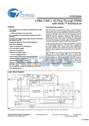 CY7C1231H datasheet - 2-Mbit (128K x 18) Flow-Through SRAM with NoBL Architecture