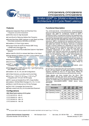 CY7C12431KV18 datasheet - 36-Mbit QDR^ II SRAM 4-Word Burst Architecture (2.0 Cycle Read Latency)