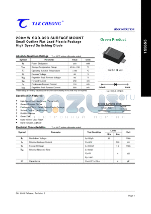 1SS355 datasheet - 200mW SOD-323 SURFACE MOUNT Small Outline Flat Lead Plastic Package High Speed Switching Diode