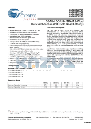 CY7C1246V18-300BZXI datasheet - 36-Mbit DDR-II SRAM 2-Word Burst Architecture (2.0 Cycle Read Latency)