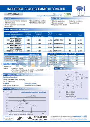 AWCR-MA datasheet - INDUSTRIAL GRADE CERAMIC RESONATOR